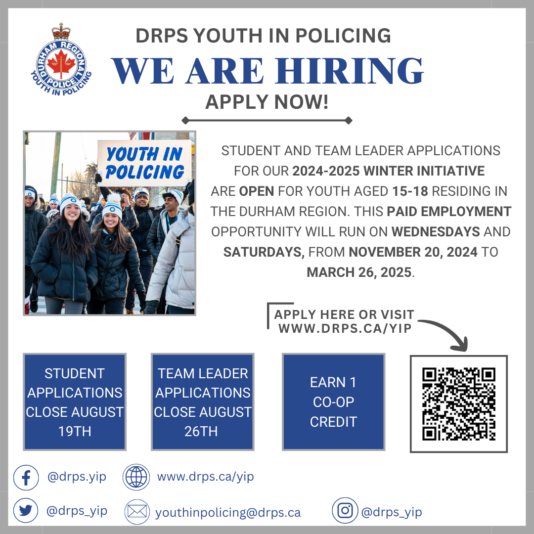 Youth in Policing Hiring Now Winter 2024/2025 Durham Regional